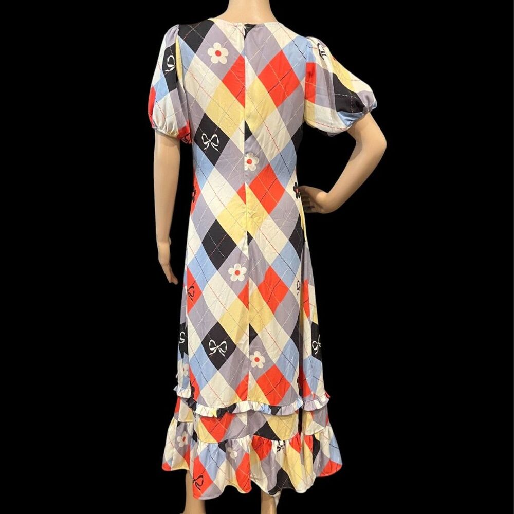 Lisa Says Gah Teagan Dress Multicolor Cirque Argyle Whimsical Pattern Sz S - Picture 6 of 9